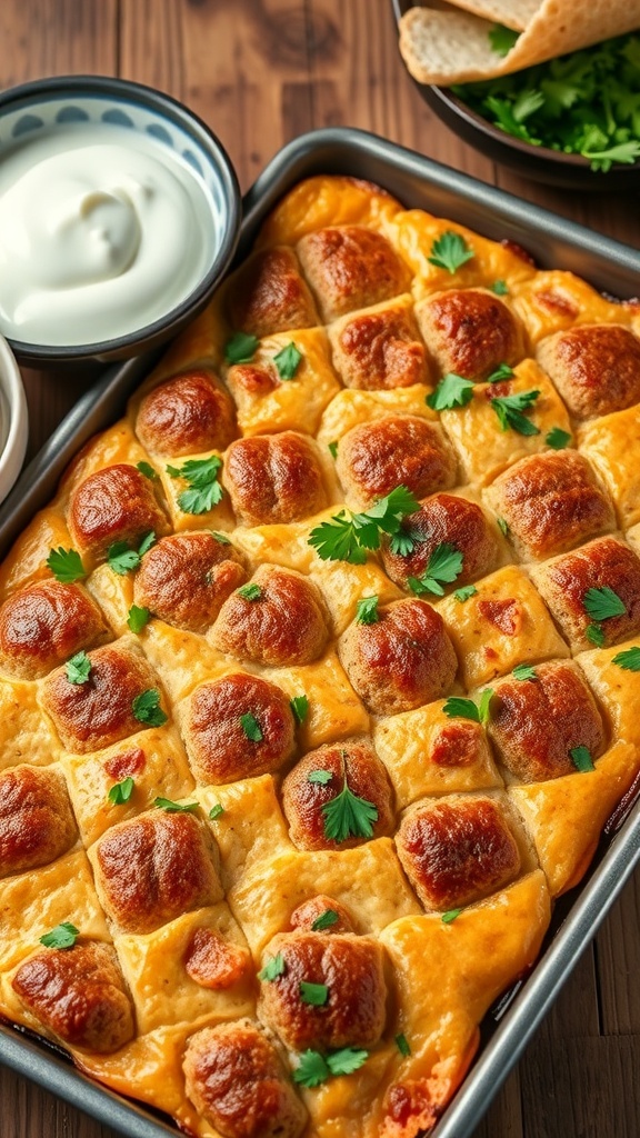 A tray of baked kibbeh with a golden crust, garnished with parsley, served with yogurt on a rustic table.